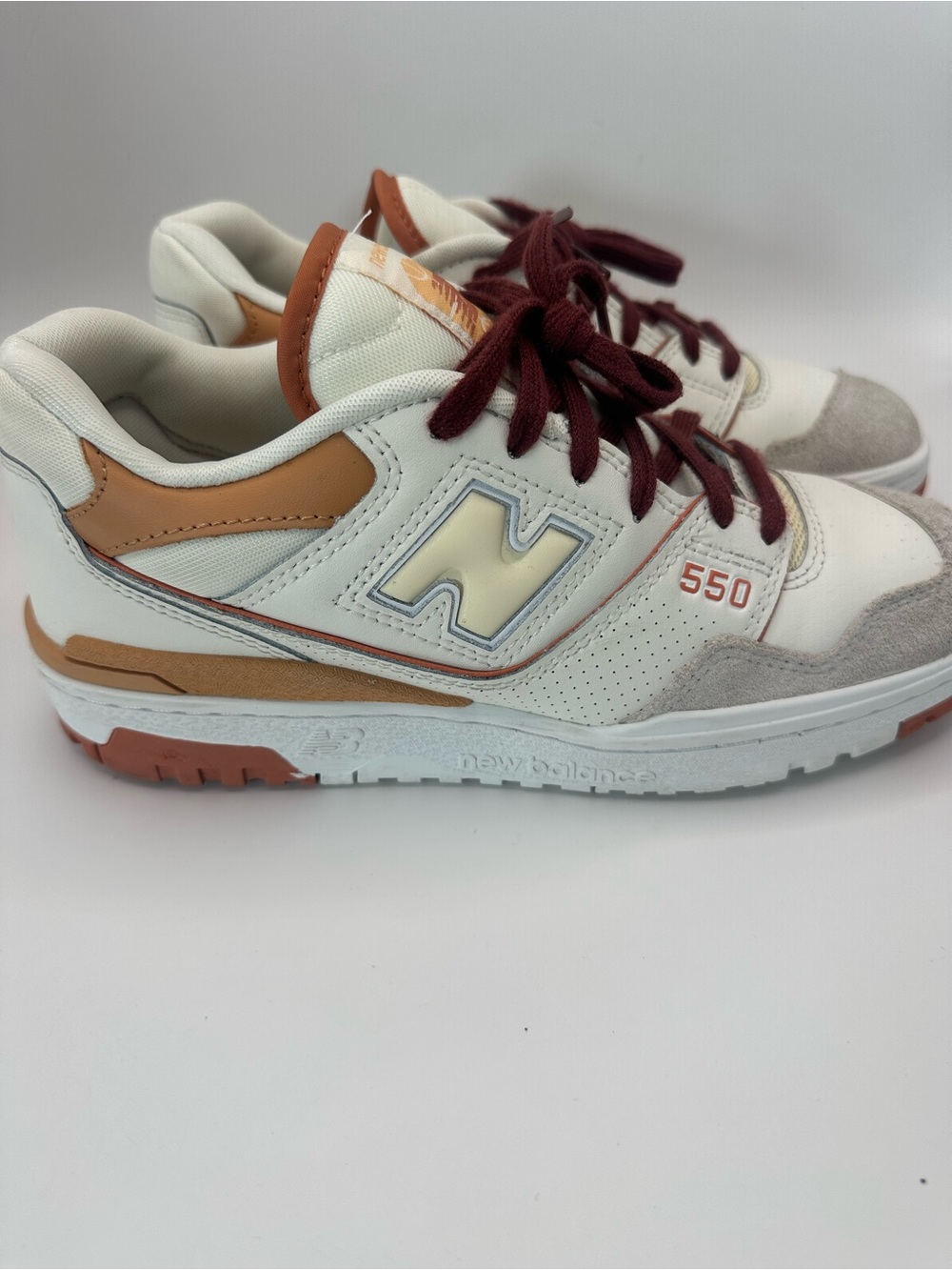 New Balance 550 White Tan & Burgundy Lace-Up Sneakers - Picture 2 of 9